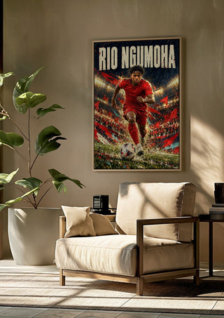 Rio Ngumoha by Danii Steinfeldt framed above a beige armchair beside a potted plant
