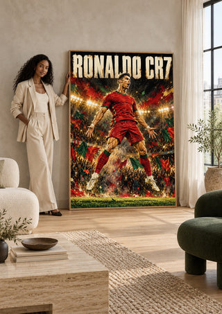 Ronaldo CR7 by Danii Steinfeldt leaning against a sunlit living room wall beside a woman