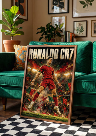 Ronaldo CR7 by Danii Steinfeldt in a wooden frame beside a green velvet sofa on a chequered floor