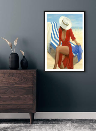 Framed "Lady in Red" by Martina Karlsson on a dark wall above a wooden dresser with decorative vases.