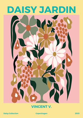 Poster of Daisy Jardin No 3 by Vincent V., featuring a vase with abstract daisies and leaves in muted tones.