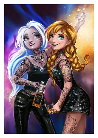 Two tattooed women in party attire, one with white hair and one with blonde braids, smiling and holding drinks.