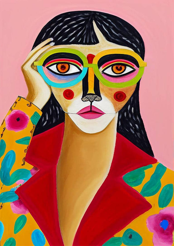 Abstract portrait of a woman with glasses, colorful patterns, and bold shapes from Colorful Thoughts by David Wolf.