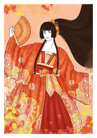Illustration of The Japanese Geisha - Kate Aitana in a vibrant kimono, holding a fan with floral patterns.