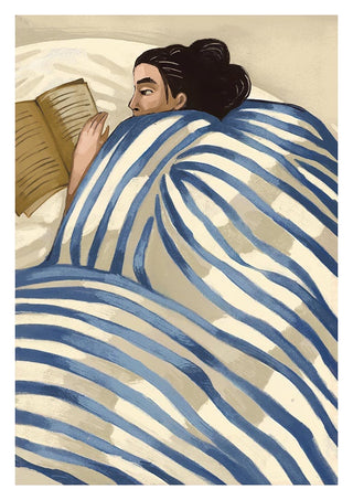 Illustration of a woman reading in bed under a blue and white striped blanket, from The Good Book by Martina Karlsson.