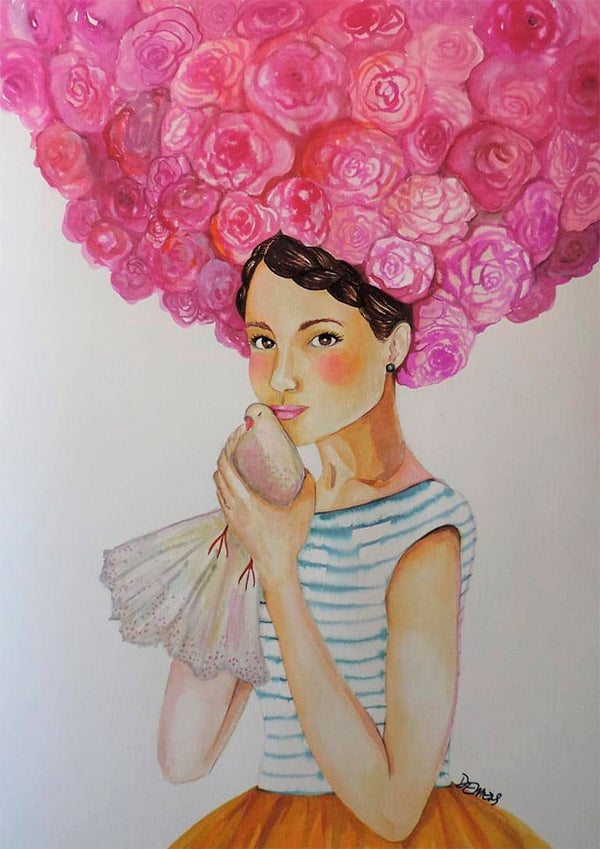 Illustration of a woman with pink rose hair holding a bird, from Audrey by Sylvie Demers.