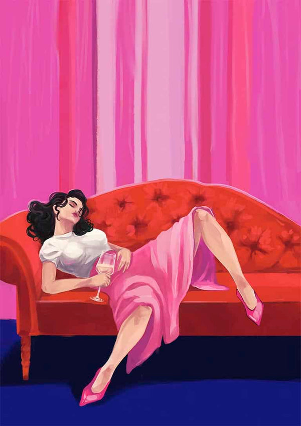 Illustration of a woman in pink lounging on a red sofa with a wine glass, for Girls Night Out - Kate Aitana.