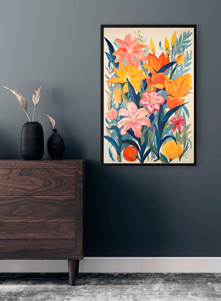 Framed Tulips - Kate Aitana artwork featuring vibrant orange and pink tulips, displayed in a modern room.