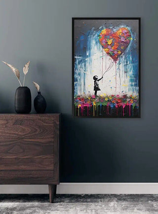 Banksy-inspired Girl With Balloon art print featuring a girl reaching for a colorful heart-shaped balloon.