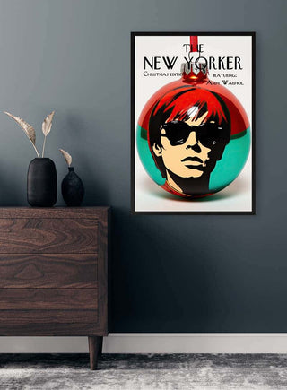 Framed New Yorker cover featuring Andy Warhol’s portrait inside a Christmas ornament, hanging on a modern wall.