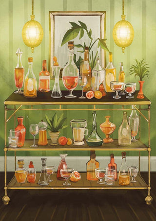 Bar cart with assorted bottles, glasses, and plants against a green striped wall for Dinner n Drinks.