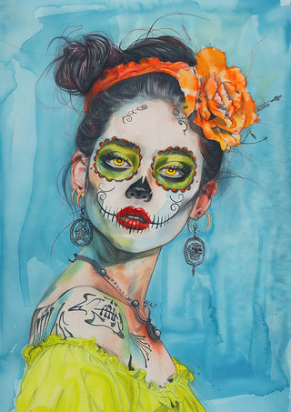 Woman with Day of the Dead face paint, orange flower headband, and green top on Mexican Smile - Tara Green product page.