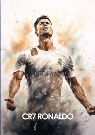 Poster of CR7 Ronaldo in a Real Madrid jersey celebrating passionately, with bold text "CR7 RONALDO" below.