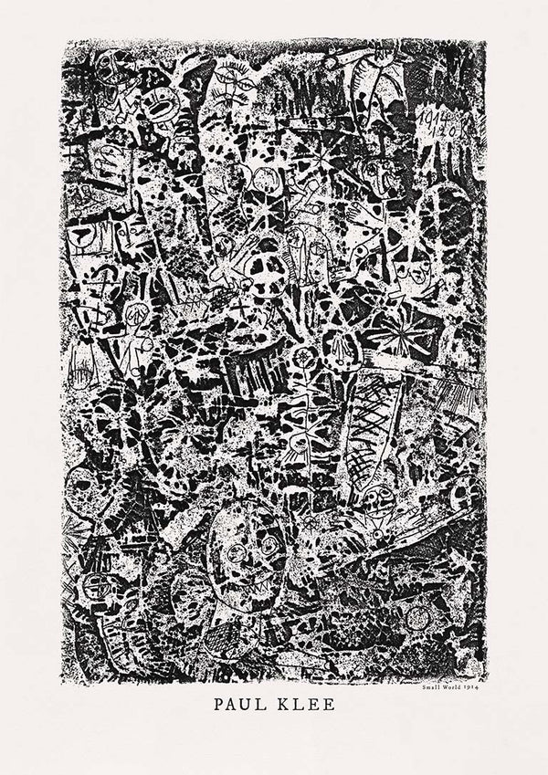 Abstract black and white artwork by Paul Klee, featuring intricate patterns and shapes, titled "Small World 1914".