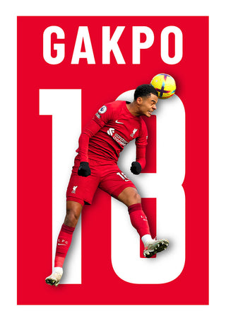 Poster of Cody Gakpo in a Liverpool kit heading a ball, with his name and number 18 on a red background.