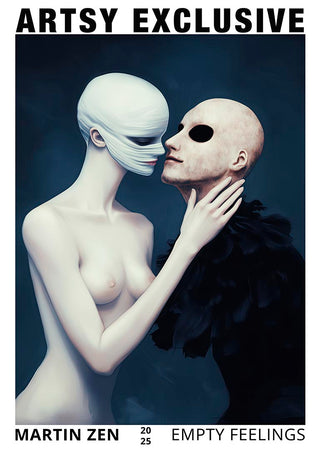 Surreal art of two masked figures embracing; cover of "Empty Feelings" by Martin Zen, Artsy Exclusive edition.