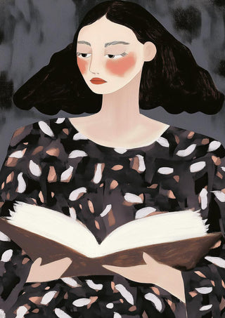 Illustration of a woman with dark hair reading a book, featured on The Reader by David Wolf product page.