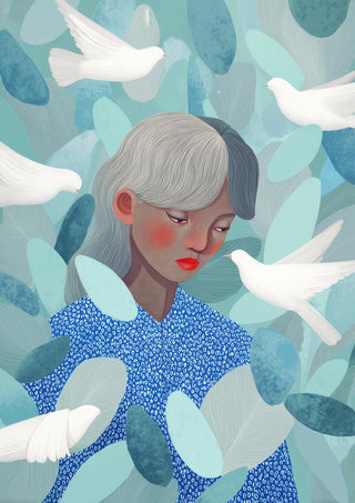 Illustration of a woman in a blue patterned shirt surrounded by white birds and abstract blue leaves.