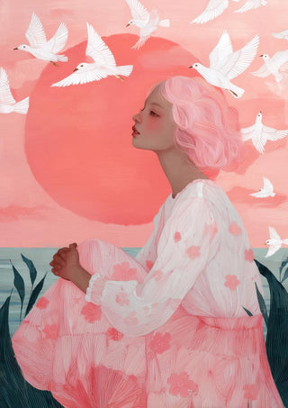 A woman with pink hair sits by the water at sunrise as white birds fly across a coral sky. Artwork by Martina Karlsson.