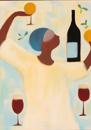 Abstract figure balancing wine glasses and a bottle, illustrating harmony for Balancing Life - Martin Zen product page.