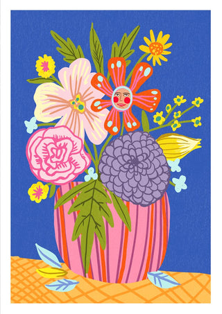 Colorful illustrated flowers in a striped vase with a sun-face flower on blue, from Blooming by Nina Broen.