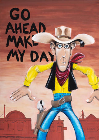 Cartoon cowboy with hat and scarf stands ready in front of Western town, with "Go Ahead Make My Day" text.