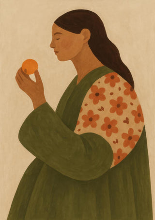 Illustration of a woman in a green floral robe holding an apple, featured on An Apple a Day by Martina Karlsson.