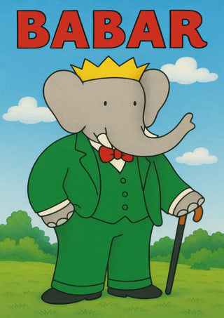 Babar the King in a green suit, yellow crown, and red bow tie, standing with a cane on grass under blue sky.