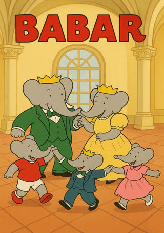 Babar and his family, dressed in colorful outfits, dance together joyfully in a grand hall.