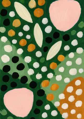 Abstract art with pink shapes, white and orange dots, leaf motifs on a green background. By Martina Karlsson.