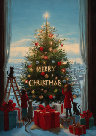 Family decorates a Christmas tree by a snowy window, surrounded by gifts and pets, with "Merry Christmas" lights.