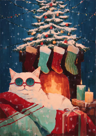 White cat wearing sunglasses lounges near Christmas tree and stockings, evoking holiday coziness for White Cat Socks.