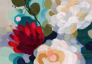 Abstract painting of festive red and white flowers with green leaves, perfect for Christmas floral decorations.