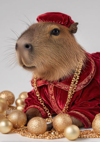 Capybara wearing red velvet clothes and gold chains, surrounded by golden ornaments.