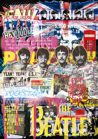Colorful collage of The Beatles with British icons and text, promoting the Beatles Novo - Ricardo Noble product.