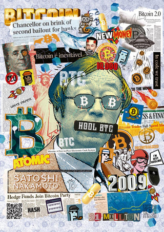 Colorful collage featuring Bitcoin symbols, Satoshi figure, headlines, and crypto-themed graphics for BTC Satoshi product.