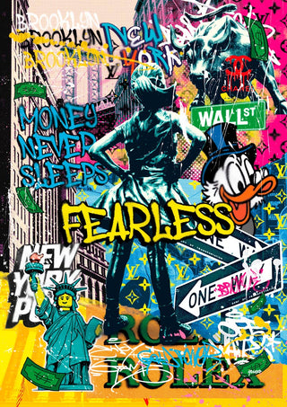 Colorful urban collage featuring the Fearless Girl statue, graffiti text "FEARLESS," and pop art elements.
