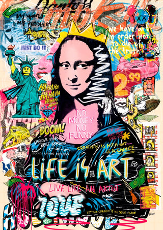 Colorful pop art Mona Lisa collage with graffiti elements, crown, and bold text on a Ricardo Noble product page.