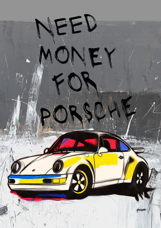 Artwork of a white Porsche with graffiti-style text reading "Need Money for Porsche" on product page for Ricardo Noble.