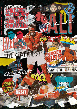 Colorful collage of Muhammad Ali boxing, magazine clippings, bold text, and pop art elements celebrating his legacy.