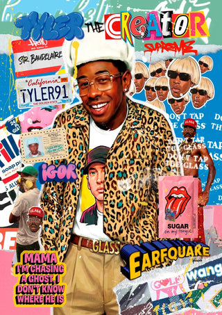 Collage-style image featuring Tyler, The Creator with vibrant graphics and references to his music and fashion.