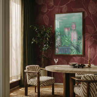 Sintra Botanical Grid by Enikő Marosváry-Kramcsák framed on a deep red patterned wall