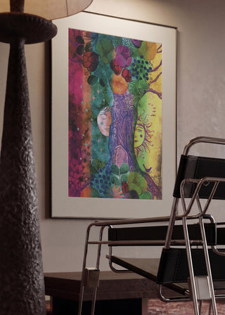 Celestial Cycle by Enikő Marosváry-Kramcsák in a mounted frame in a modern interior
