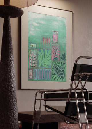 Sintra Botanical Grid by Enikő Marosváry-Kramcsák in a mounted frame in a modern interior