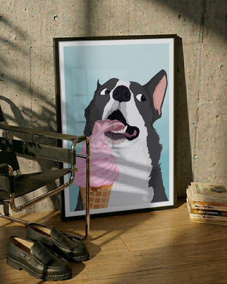 Illustration of a happy dog licking a pink ice cream cone, as featured on Happy Dog Ice Cream - ByKammille.