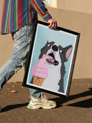 Person holding framed art of a happy dog licking pink ice cream, featured on Happy Dog Ice Cream - ByKammille page.