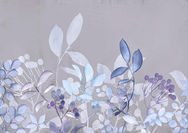 Watercolor pastel garden in blue and lavender tones with delicate leaves and berries on a soft gray background.