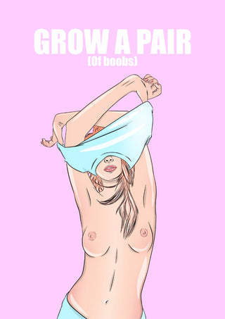 Grow a Pair of Boobs poster by Lisen Vennesland with a line drawn figure and bold white type on a pink background