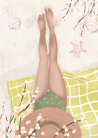 At the Beach poster by Lisen Vennesland with a woman sunbathing on a yellow checked towel surrounded by shells