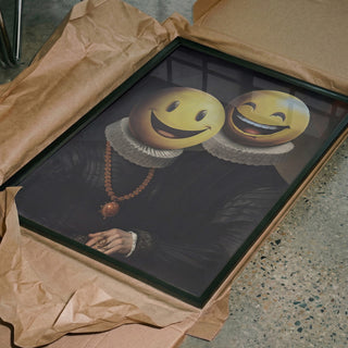 Framed art for The Smilers - Dikhotomy showing two figures with smiley faces, in renaissance attire.